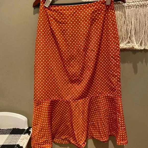 LUSH RUST BURN ORANGE POLKA DOT MIDI SKIRT SIZE S - Picture 1 of 4